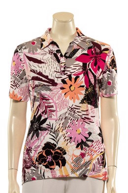 Dame polo t-shirt med pink og coral blomster